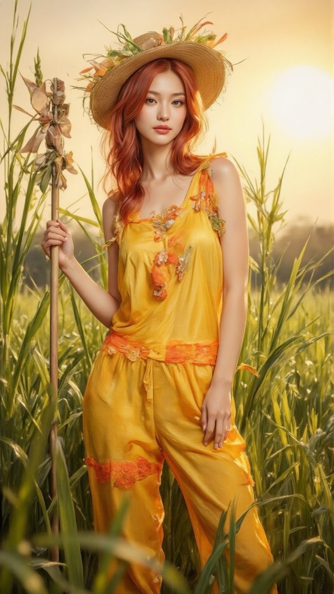 A young woman dressed in a striking scarecrow costume, with a bright yellow and orange jumpsuit and matching hat, stands tall amidst lush green rice fields. The warm sunlight casts a golden glow, highlighting her bright red hair and bold makeup. She poses confidently, one hand holding a wooden staff adorned with ribbons, as the vibrant green rice stalks surround her like a verdant crown.