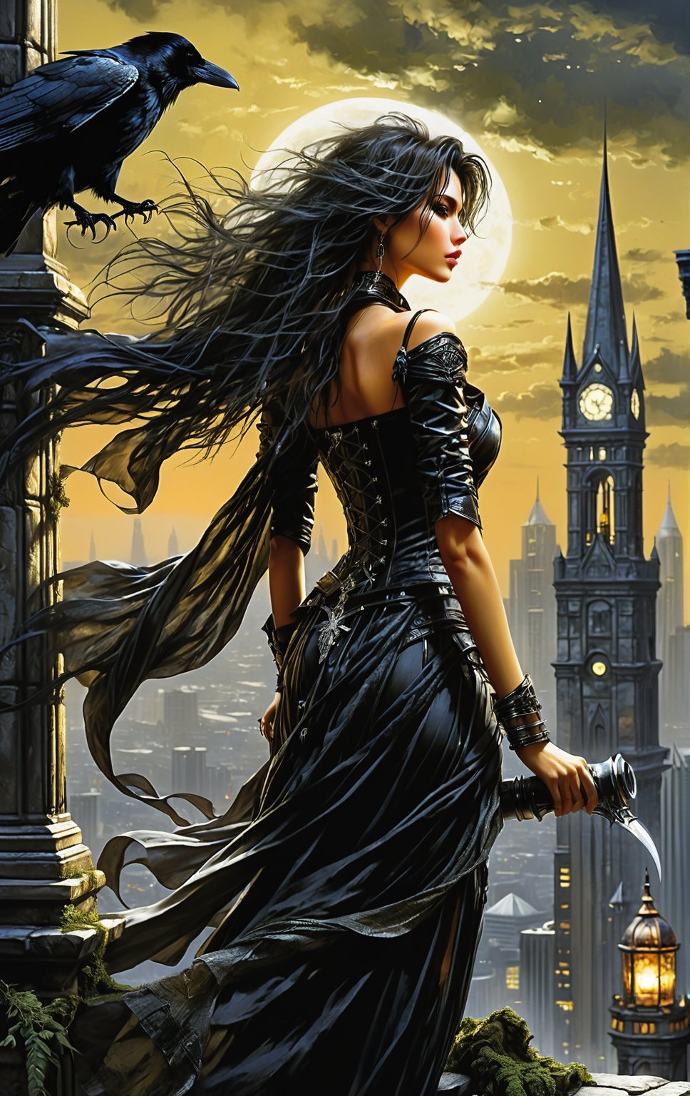 A mysterious adventuress, donning Gothic finery, stands atop a foreboding tower, surveying the sprawling metropolis below. Her raven tresses blow in the wind as she gazes out upon the city's towering skyscrapers and winding streets, bathed in the warm glow of streetlights. The tower's stone walls, textured with ancient moss, seem to lean in, as if sharing secrets with her. In the distance, a crescent moon hangs low, casting an eerie light on the urban jungle. Luis Royo meets Grzegorz Rosiński in this dark fantasy masterpiece, where realism and imagination collide.