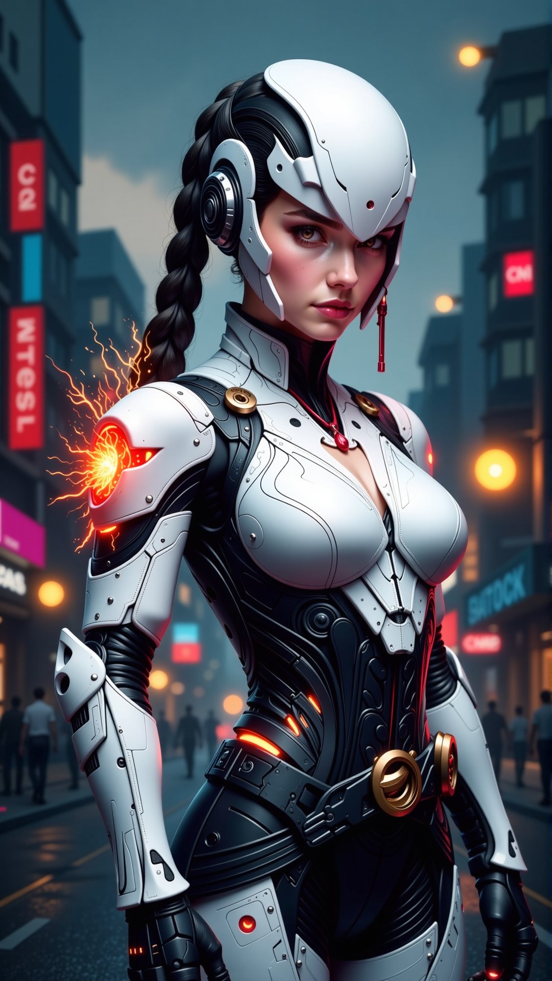 Against a dark, cityscape backdrop, a striking young cyber soldier stands out, her intricate white and red armor gleaming in the dim light. Braided hair styled into pigtails contrasts with the sleek helmet hiding her face, exuding mystique and intimidation. Bio-organics on her shoulder glow with an otherworldly intensity, highlighting the fusion of tech and flesh. A plasma whip crackles to life, casting a fiery halo around her as she assumes a powerful stance, her bold lips curled into a defiant smirk. Muscular arms flexed, facial expressions sharp, this cyber warrior embodies strength, resilience, and unwavering determination in a world where fashion meets futuristic aesthetics.