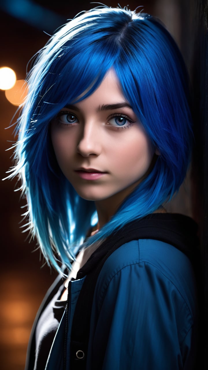 A cinematic portrait of a teenage girl with vibrant blue hair, set against a dark and mysterious background. The subject's face is illuminated by a dramatic, angled light source, casting a strong shadow across her cheekbone. Her eyes gleam with a hint of mischief, as if she's about to reveal a secret.