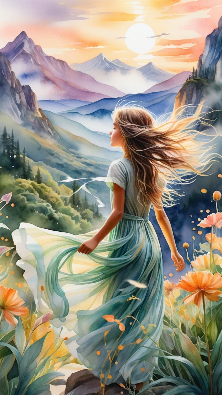 A delicate watercolor painting of a young girl entranced by a radiant, set against a whimsical landscape. Softly glowing plants and misty mountains fade into the distance as the girl's flowing hair drifts lazily in an ethereal breeze. The dreamlike scene is characterized by surreal colors blending harmoniously, evoking a sense of wonder and enchantment in this fantasy-science fiction world.