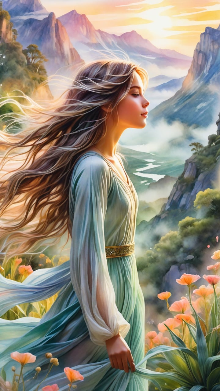 A delicate watercolor painting of a beautiful girl entranced by a radiant, set against a whimsical landscape. Softly glowing plants and misty mountains fade into the distance as the girl's flowing hair drifts lazily in an ethereal breeze. The dreamlike scene is characterized by surreal colors blending harmoniously, evoking a sense of wonder and enchantment in this fantasy-science fiction world.