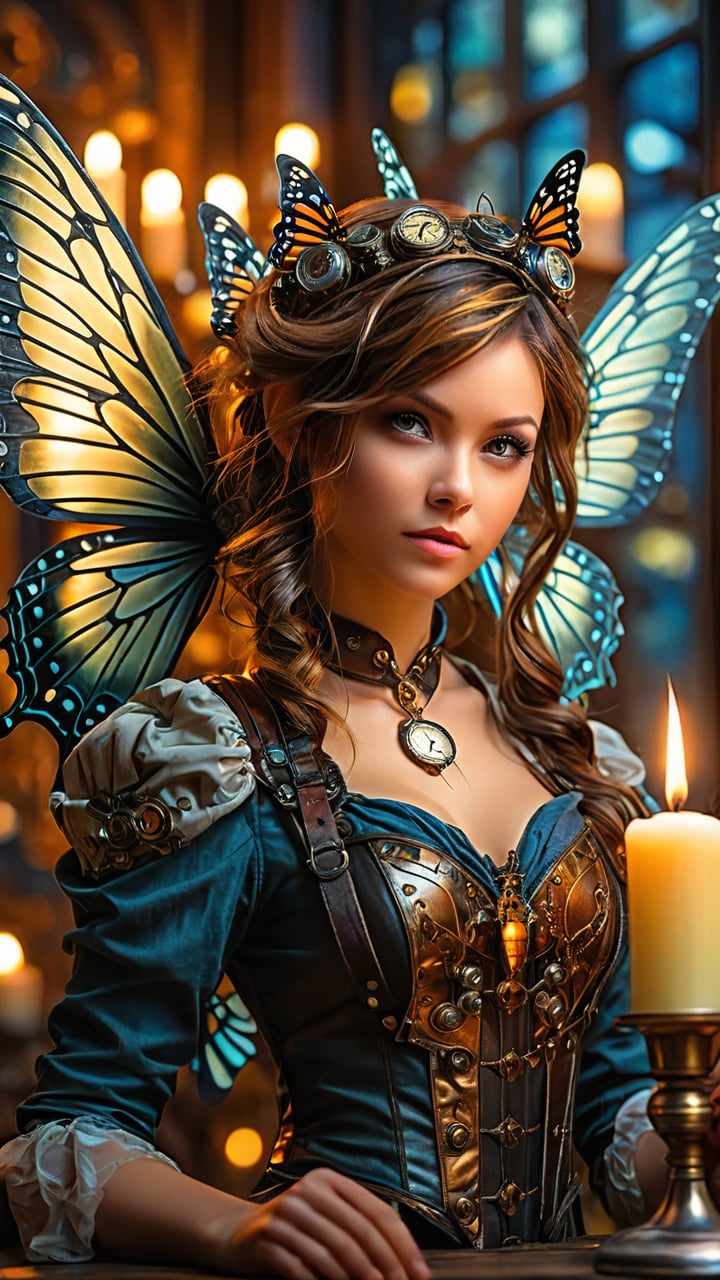 16k, HD, RAW photo, best quality, (masterpiece:1.2), (realistic, photo-realistic), (highly detailed), Steampunk Faery Girl,  Butterfly Wings, in a candle lit room ,STEAM PUNK, more contrast, more sharpness, UHD