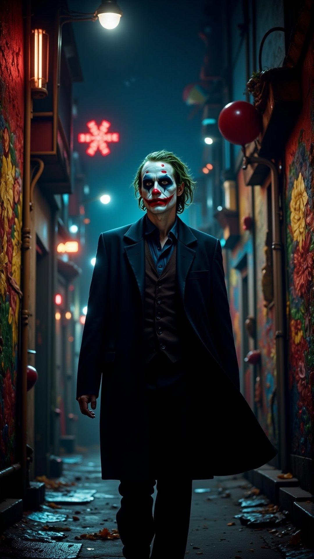 A moody,  dark-tinged portrait of the Joker,  his pale skin and crimson lips illuminated by the faint glow of neon signs i...