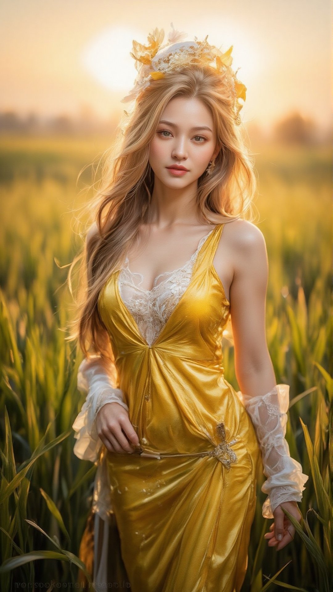 Against a warm sunset backdrop, a stunning cosplayer dressed as Scarecrow from The Dark Knight stands amidst lush green rice fields. Her long golden hair flows gently in the breeze as she poses with confident elegance, her bright yellow and white costume radiating against the rustic terrain. The soft afternoon light casts a flattering glow on her porcelain skin, while the vibrant scenery behind her creates a striking juxtaposition of beauty and nature.