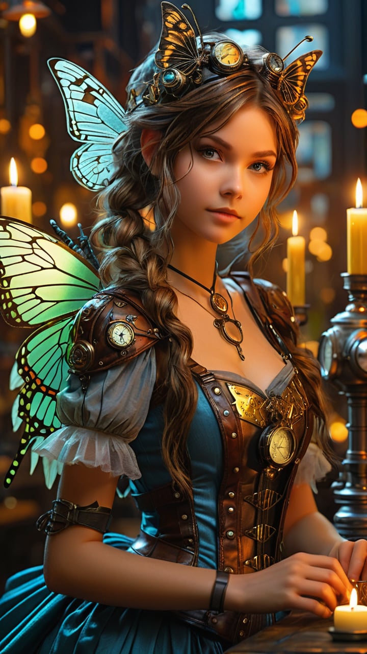 16k, HD, RAW photo, best quality, (masterpiece:1.2), (realistic, photo-realistic), (highly detailed), Steampunk Faery Girl,  Butterfly Wings, with a robot fairy Cat, in a candle lit room ,STEAM PUNK, more contrast, more sharpness, UHD