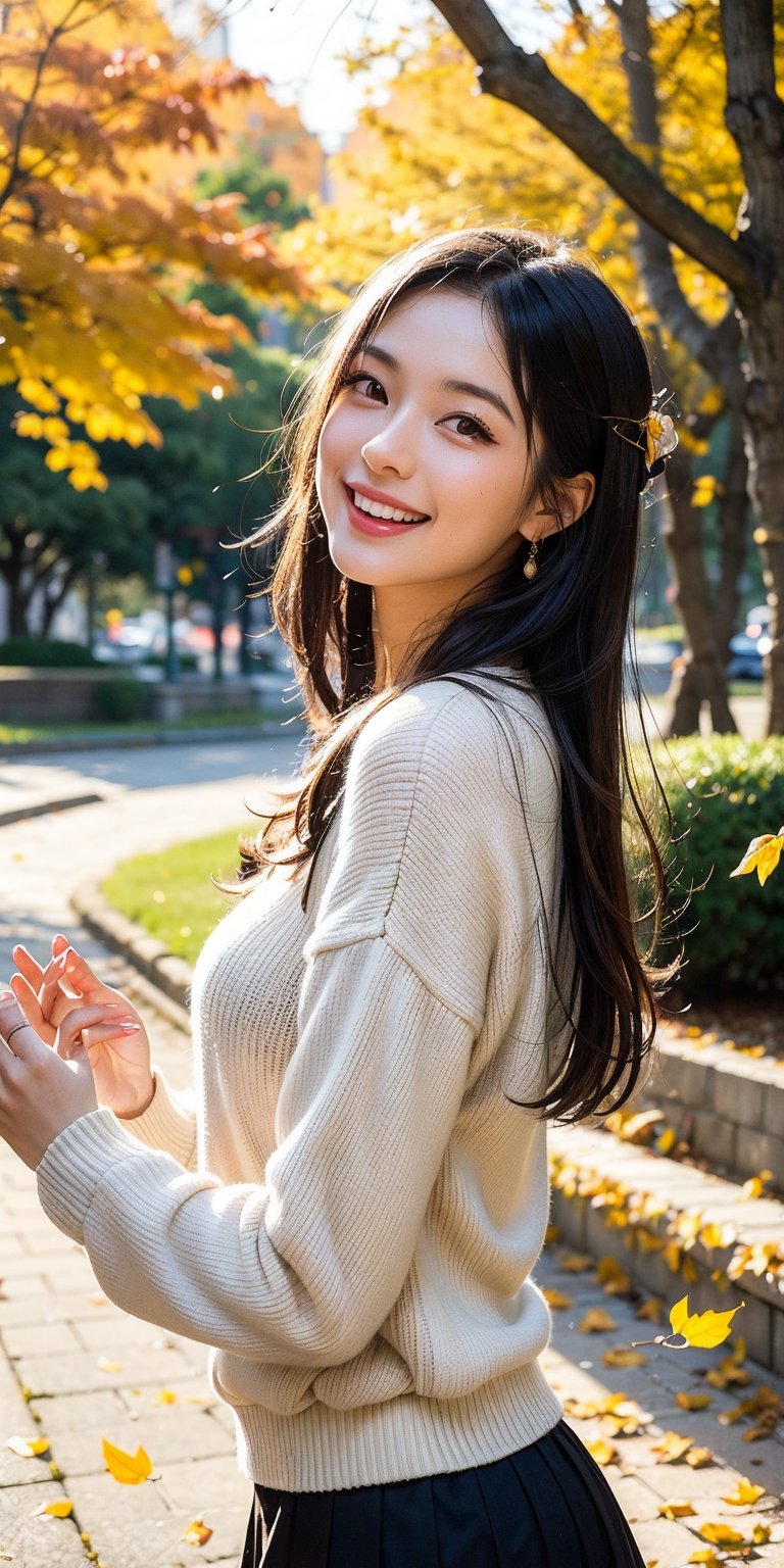 A serene autumn afternoon in a tranquil Japanese city park. A lovely young woman, dressed in a cozy sweater and skirt, playfully tosses handfuls of vibrant orange and yellow leaves into the air, laughing as they flutter down around her. The warm sunlight casts a gentle glow on the scene, highlighting the rustling foliage and her joyful expression.