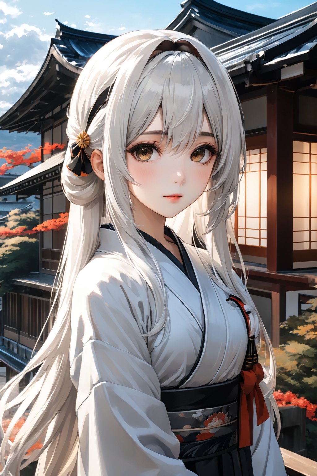 best quality, 4K, masterpiece, 8K, 1 girl, solo, alone, ultra quality, sfw, perfect hands, detailed, very detailed, perfect head, perfect light, perfect eyes, black hair, white hair, multicoloured hair, low-tied long hair, brown eyes, hairband, kemono, sweeps, porch of the house, Japanese building, looking at viewer, {sweat}