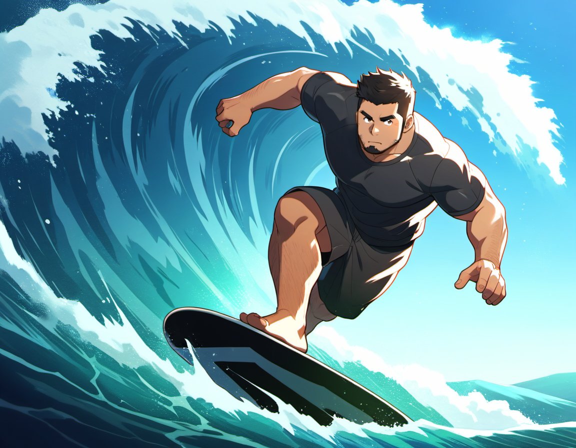 ((1male, solo, (mature male, beard, sideburns), male focus, confident, surfing in wave)), (chubby:1.0), (bara:1.4), (stocky), ((tshirt, trunks, barefoot, surfing board)), short hair, crew cut, (cool, awesome), ocean background, best quality, ((flat anime, cartoon, masterpiece, best aesthetic, absurdres, highly detailed)), soft shaded