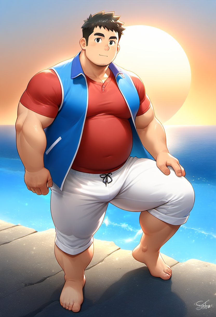 (1boy, red t-shirt, chubby, bara, stocky, long white pants, barefoot), (1boy, blue vest, swimming trunk, chubby, bara, stocky, ), intimate, seaside, sky, sun, male focus, ((anime, best quality, best aesthetic, high res)),masterpiece