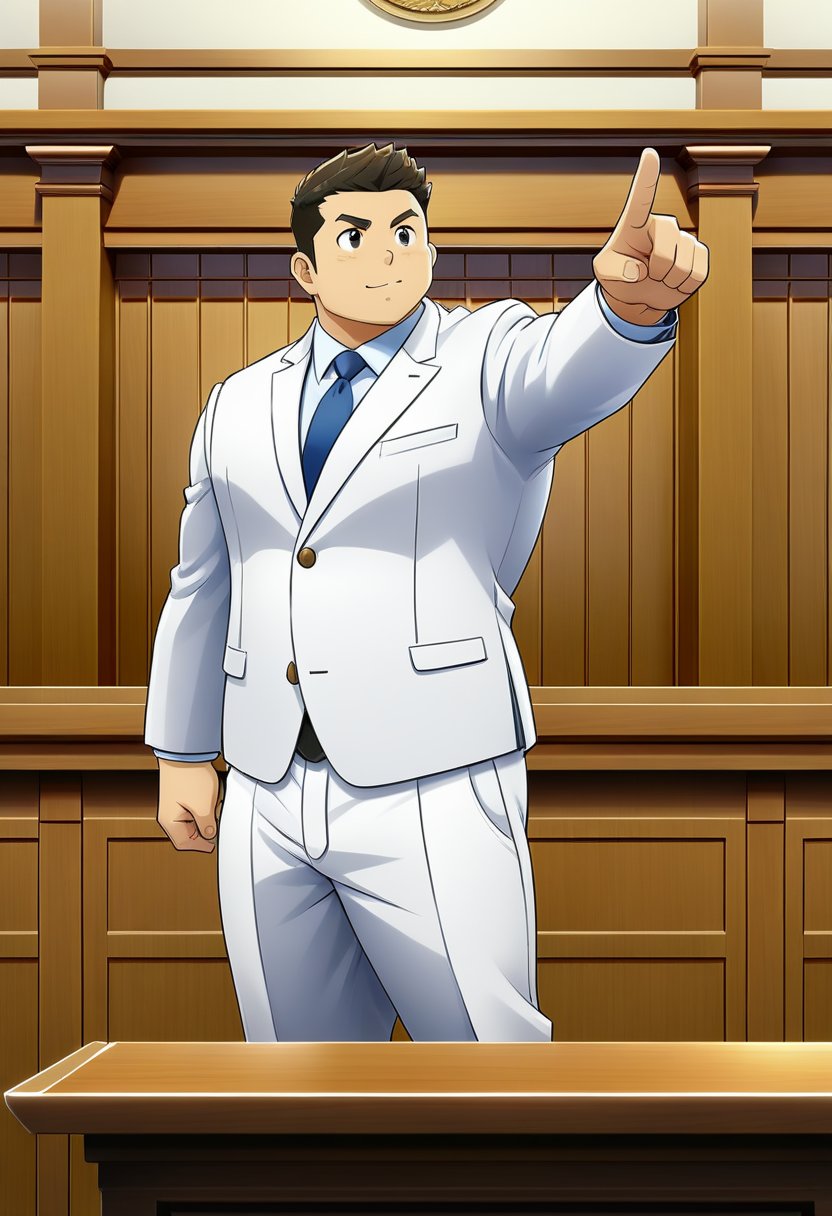 ((1male, solo, male focus, left hand point out)), ((bara)), (chubby:1.0), stocky, lawyer, white suit, stand behind a desk, courtroom, (cool, awesome, crew cut), ((flat anime, best quality, best aesthetic, high res))