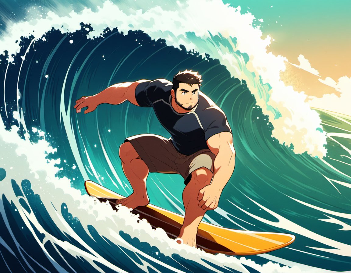 ((1male, solo, (mature male, beard, sideburns), male focus, confident, surfing in wave)), (chubby:1.0), (bara:1.4), (stocky), ((tshirt, trunks, barefoot, surfing board)), short hair, crew cut, (cool, awesome), ocean background, best quality, ((flat anime, cartoon, masterpiece, best aesthetic, absurdres, highly detailed)), soft shaded