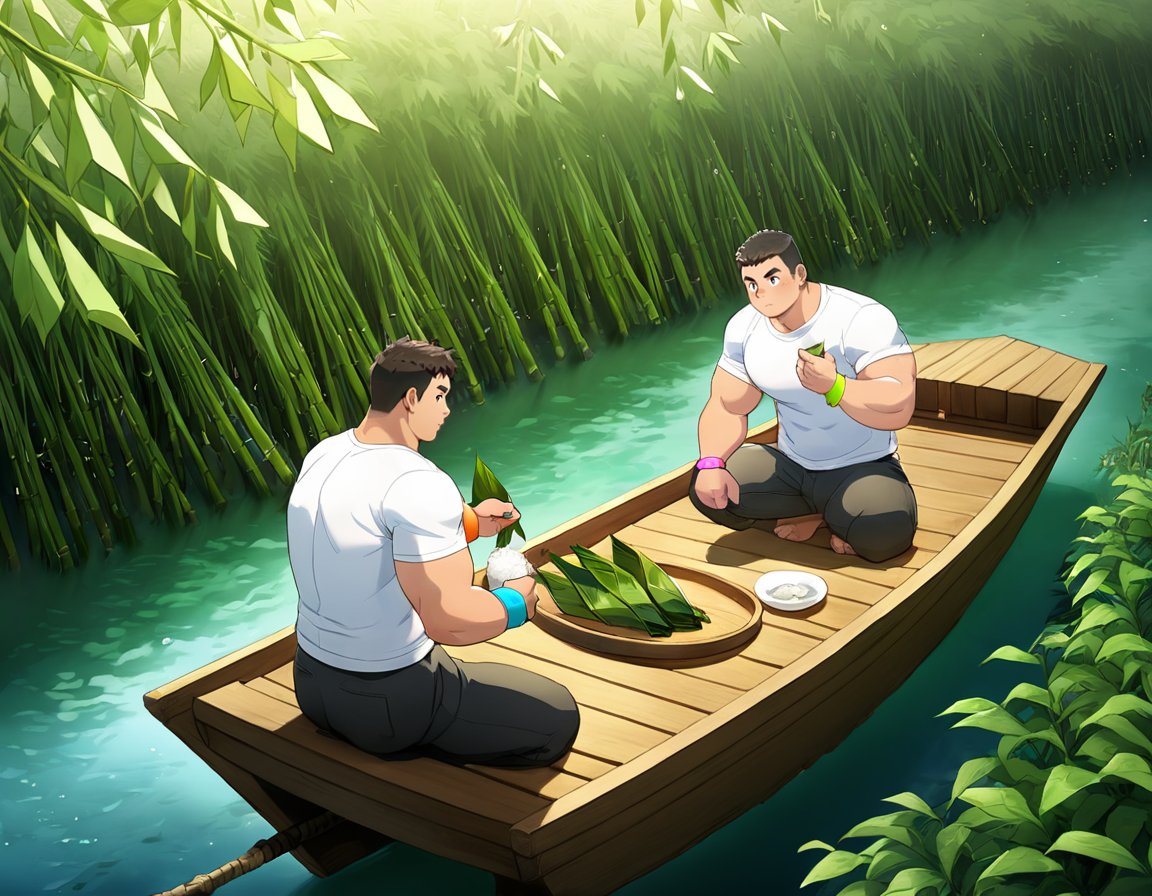 ((2boys, male focus, peeling off zongzi, rice dumplings, wooden dining table, riverside, bamboos, boats in river)), (bara:1.4), (chubby:1.0), (stocky), outdoor, ((t-shirt, long pants, colourful wrist string, sachet)), (cool, awesome, crew cut), ((flat anime, best quality, best aesthetic, high res)),masterpiece