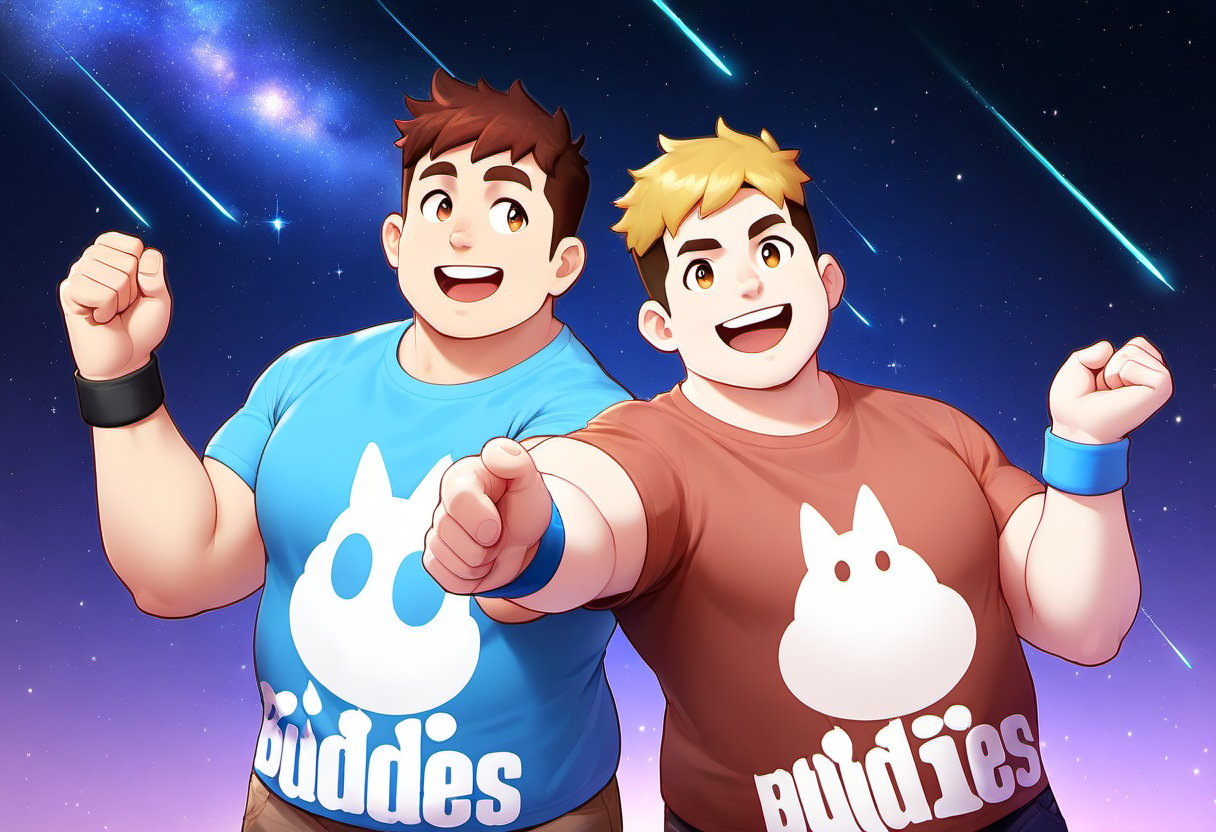 ((2boys, male focus, buddies, laughters)), (bara:1.3), (chubby:1.1), stocky, (round_face), ((t-shirt with patterns, trinket, wristband, short pants)), (night, starry sky, shooting stars), (cool, awesome, crew_cut), (close up), ((flat anime, best quality, best aesthetic, high res)),masterpiece