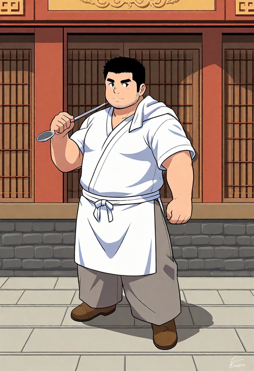 ((1male, peasant cook, solo, male focus, mature male, serious look, ((stubbles, medium beards)), sideburns, short crew cut)), (bara:1.4), (chubby:1.2), (stocky:1.1), (chubby face:1.3), ((white peasant shirt, white towel on shoulder, grey long pants, short 
brown waist apron, chinese cloth footwear)), ((wielding a long-hand ladle)), (ancient chinese restaurant, indoor), ((flat anime, full body, best quality, best aesthetic, high res)),masterpiece,Lineart,Flat Color