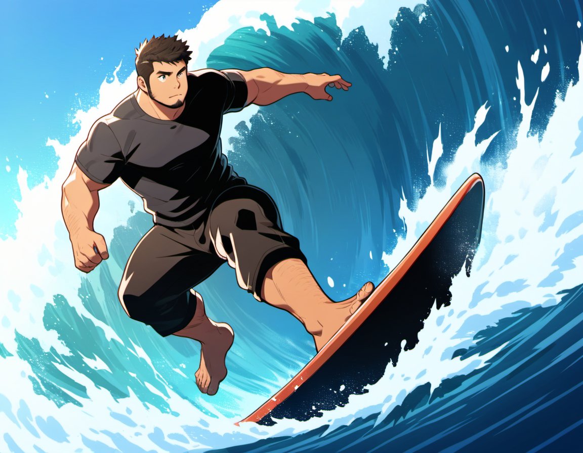 ((1male, solo, (mature male, beard, sideburns), male focus, confident, surfing in wave)), (chubby:1.0), (bara:1.4), (stocky), ((tshirt, trunks, barefoot, surfing board)), short hair, crew cut, (cool, awesome), ocean background, best quality, ((flat anime, cartoon, masterpiece, best aesthetic, absurdres, highly detailed)), soft shaded