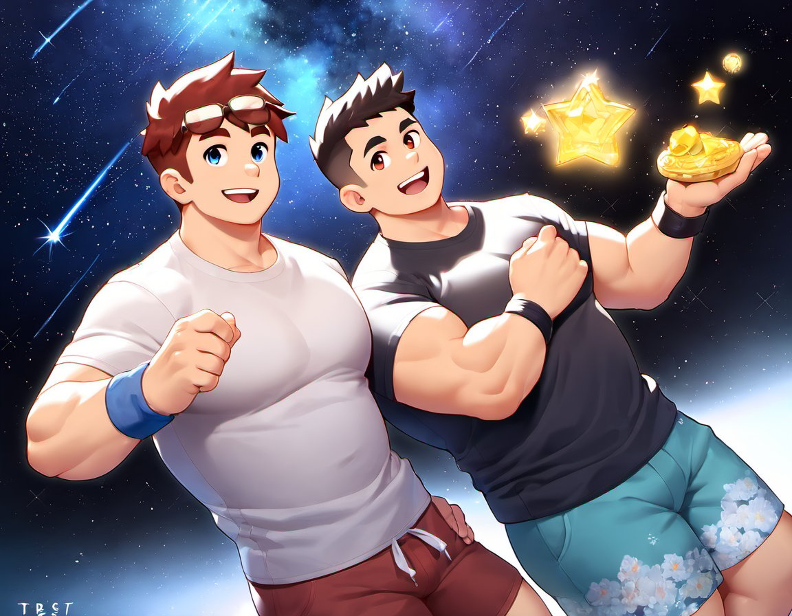 ((2boys, male focus, buddies, laughters)), (bara:1.3), (chubby:1.1), stocky, (round_face), ((t-shirt with patterns, trinket, wristband, short pants)), (night, starry sky, shooting stars), (cool, awesome, crew_cut), (close up), ((flat anime, best quality, best aesthetic, high res)),masterpiece