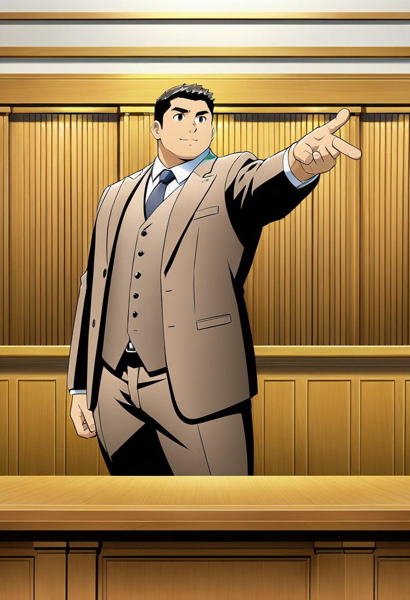 ((1male, solo, male focus, left hand spread out, point)), ((bara)), (chubby:1.0), stocky, lawyer, brown suit vest, stand behind a long desk, courtroom, (cool, awesome, crew cut), ((flat anime, best quality, best aesthetic, high res))