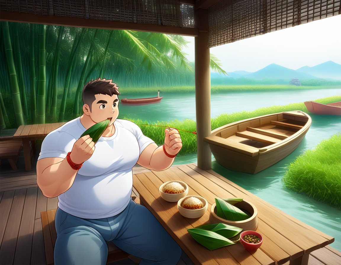 ((1male, solo, male focus, eating zongzi, rice dumplings, wooden dining table, riverside, bamboos, boats in river)), (bara:1.4), (chubby:1.0), (stocky), outdoor, ((t-shirt, long pants, colourful wrist string, red sachet)), (cool, awesome, crew cut), ((flat anime, best quality, best aesthetic, high res)),girl,masterpiece