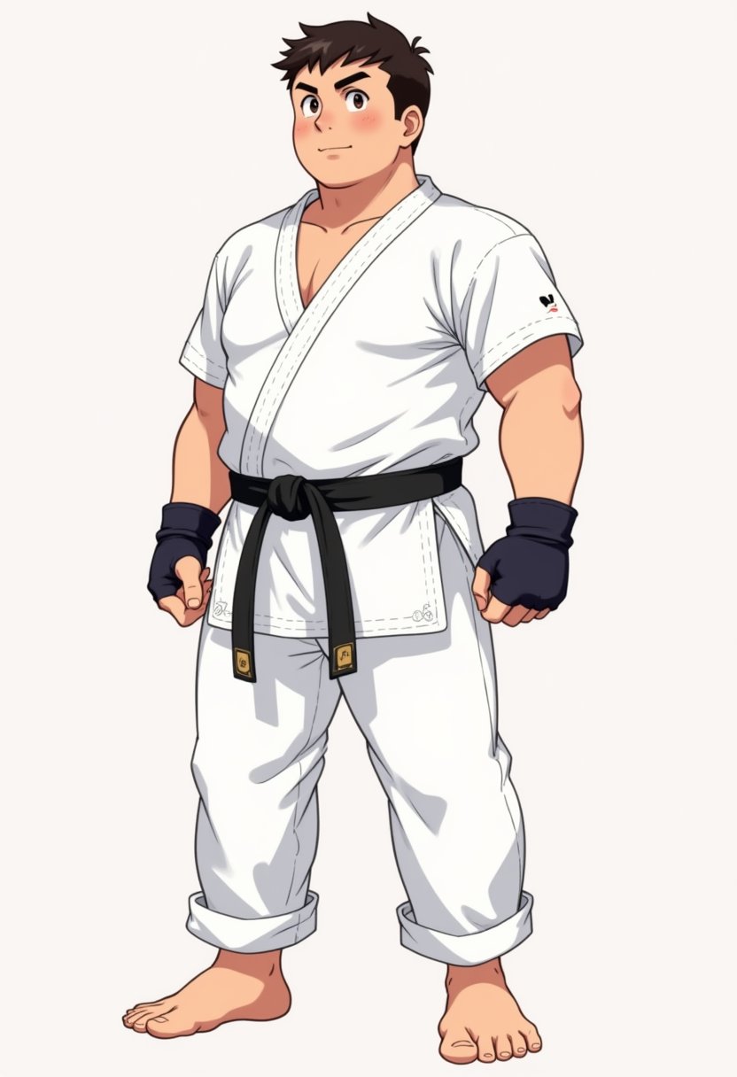 a boy in white karate outfit with black belt, he is bara stocky and slightly plump, wearing fingerless gloves, barefooted, his white pants is very long and loose, his hair is very short crew cut, his face is round cute yet handsome, best quality, Flat colour anime style image showing