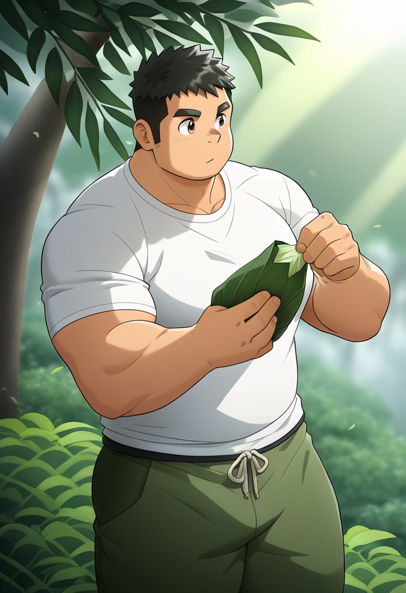 ((1male, solo, male focus, eating zongzi, loquat leaves)), (bara:1.4), (chubby:1.0), (stocky), outdoor, ((t-shirt, long pants)), (cool, awesome, crew cut), ((flat anime, best quality, best aesthetic, high res)),girl,masterpiece