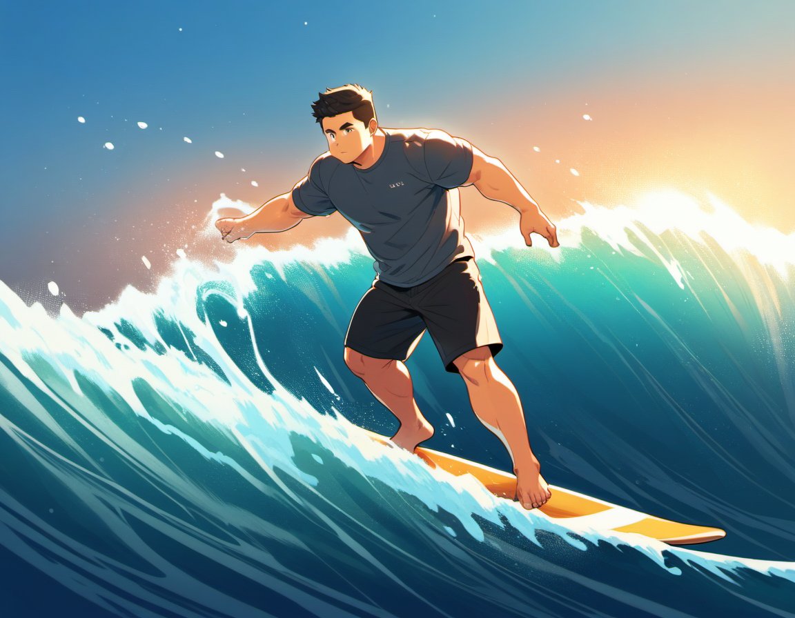 ((1male, solo, male focus, confident, surfing in wave)), (chubby:1.2), (bara:1.4), (stocky), ((tshirt, trunks, barefoot, surfing board)), short hair, crew cut, (cool, awesome), ocean background, best quality, ((flat anime, cartoon, masterpiece, best aesthetic, absurdres, highly detailed)), soft shaded