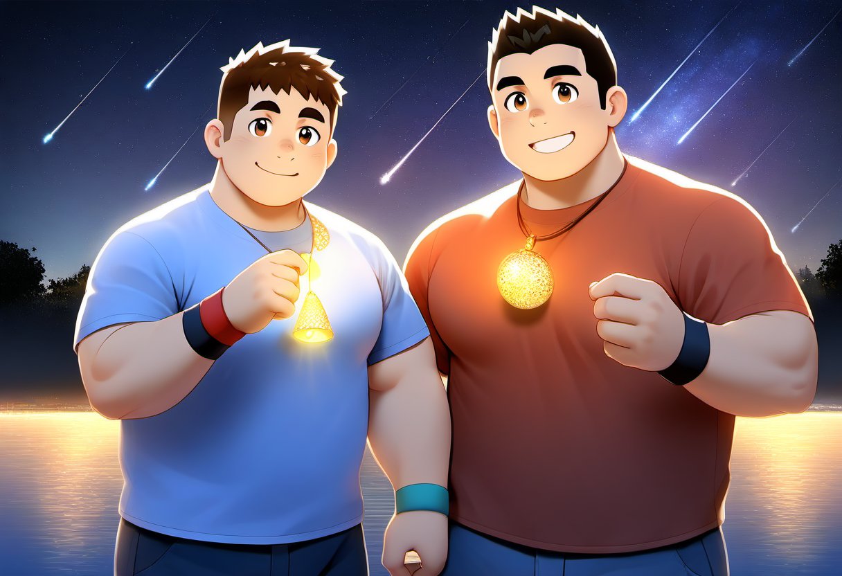 ((2boys, male focus, buddies, smile)), (bara:1.4), (chubby:1.0), stocky, (round_face), ((t-shirt with patterns, trinket, wristband)), (night, starry sky, riverbank, shooting stars), (cool, awesome, crew_cut), (close up:0.9), ((flat anime, best quality, best aesthetic, high res)),masterpiece