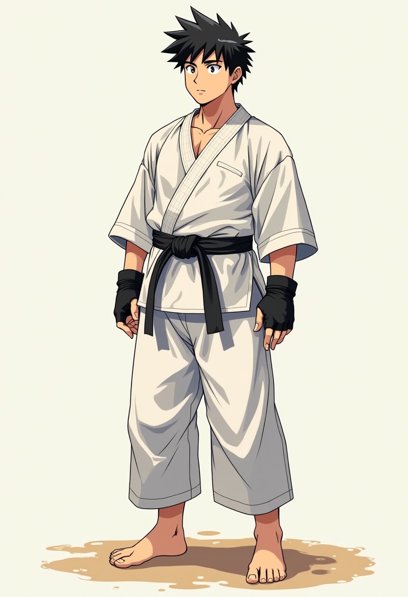 A male wearing karate outfit standing on ground. Hes barefooted with black belt around his waist. His pants are very long yet not covering his feet. He wears fingerless gloves. He looks bara chubby and stocky, probably 18 years old. This art piece is in japanese anime style with best quality and high resolution.