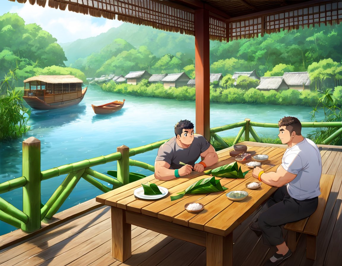 ((2boys, male focus, peeling off zongzi, rice dumplings, wooden dining table, riverside, bamboos, boats in river)), (bara:1.4), (chubby:1.0), (stocky), outdoor, ((t-shirt, long pants, colourful wrist string, sachet)), (cool, awesome, crew cut), ((flat anime, best quality, best aesthetic, high res)),masterpiece