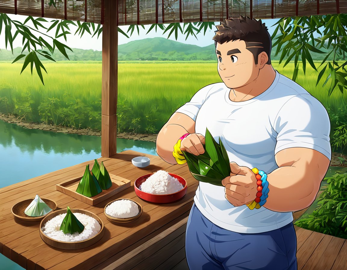 ((1male, solo, male focus, peeling off zongzi, rice dumplings, wooden dining table, riverside, bamboos, boats in river)), (bara:1.4), (chubby:1.0), (stocky), outdoor, ((t-shirt, long pants, colourful wrist string, sachet)), (cool, awesome, crew cut), ((flat anime, best quality, best aesthetic, high res)),girl,masterpiece