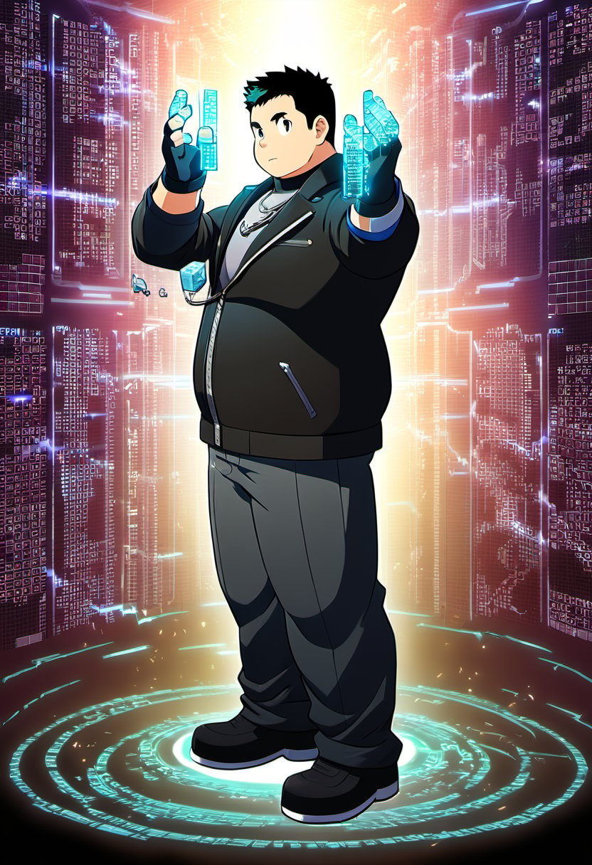 ((1boy, solo, male focus, hacker, virtualization)), (round face),  (bara:1.0), (stocky, plump), ((jacket)), ((pants)), short hair, crew cut, (cool, awesome), (head monitor, fingerless gloves, elbow band, silver necklace, trinket), (cybernetic background, LCD digits, codes, holograms, data flow), (full body, (anime, best quality, masterpiece, best aesthetic, high definition))