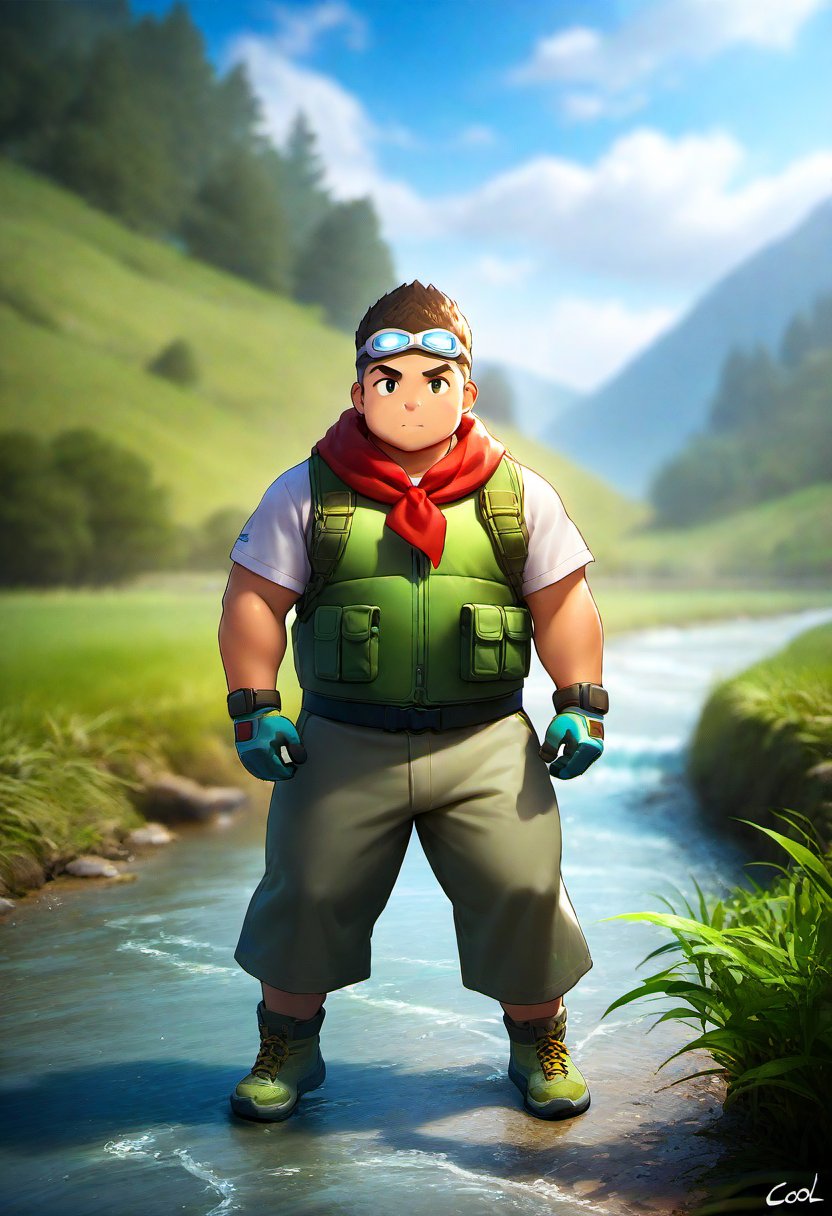 ((1male, solo, male focus)), (chubby:0.8), (bara:1.4), ((goggles on forehead, green vest, red neckerchief)), river bank, short hair, crew cut, ((full body)), (cool, awesome), ((anime, best quality, best aesthetic, high res, masterpiece))