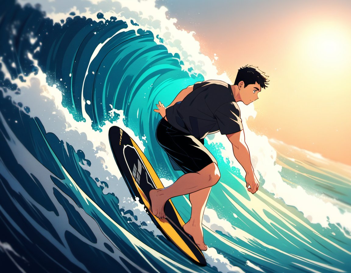 ((1male, solo, male focus, confident, surfing in wave)), (chubby:1.2), (bara:1.4), (stocky), ((tshirt, trunks, barefoot, surfing board)), short hair, crew cut, (cool, awesome), ocean background, best quality, ((flat anime, cartoon, masterpiece, best aesthetic, absurdres, highly detailed)), soft shaded