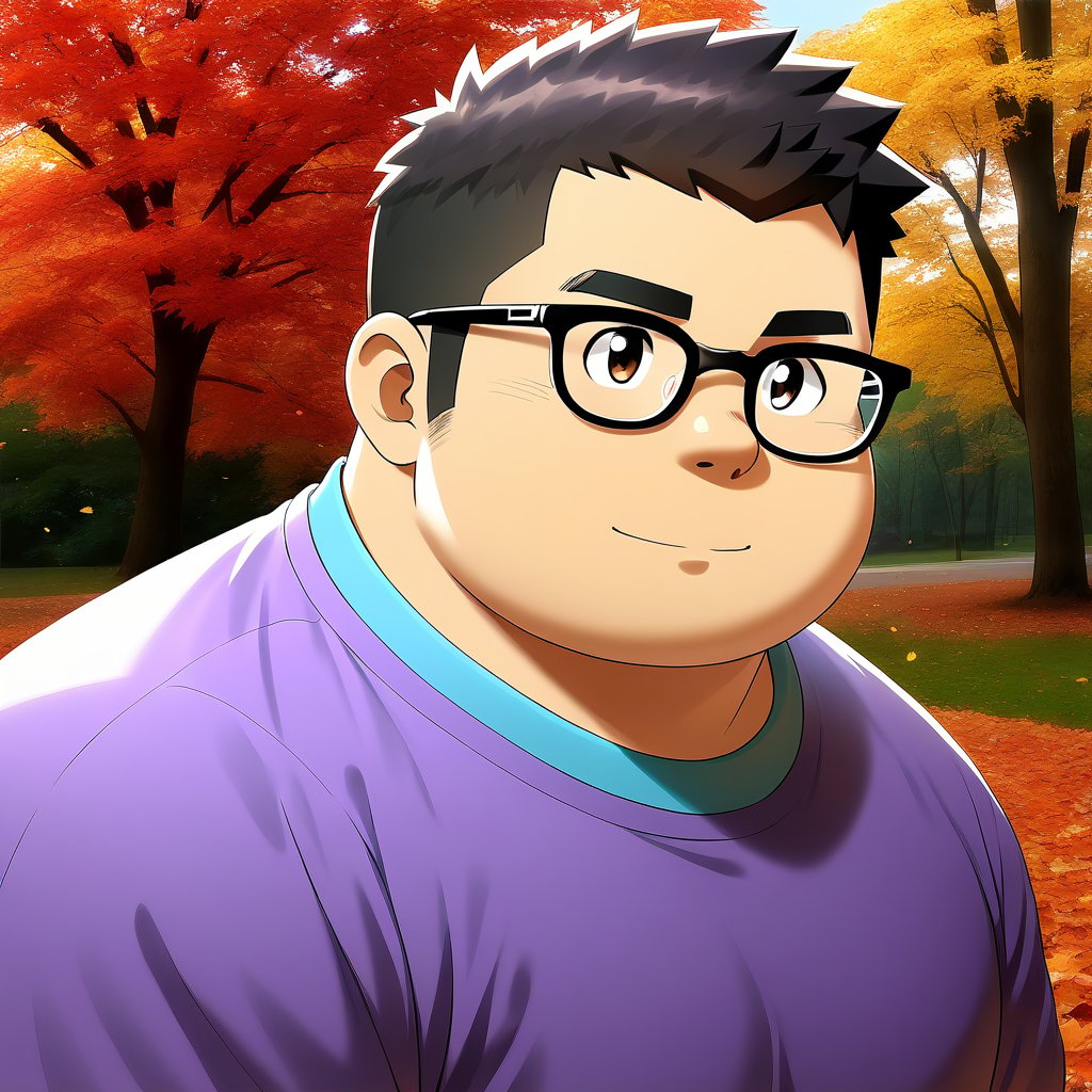 ((1male, solo, male focus, purple jumper, glasses)), (chubby:1.0), (bara:1.4), (stocky), short hair, crew cut, ((half body)), (cool, cute, awesome), round face, fall, maple leaf, outdoor, best quality, flat anime, masterpiece, best aesthetic, absurdres