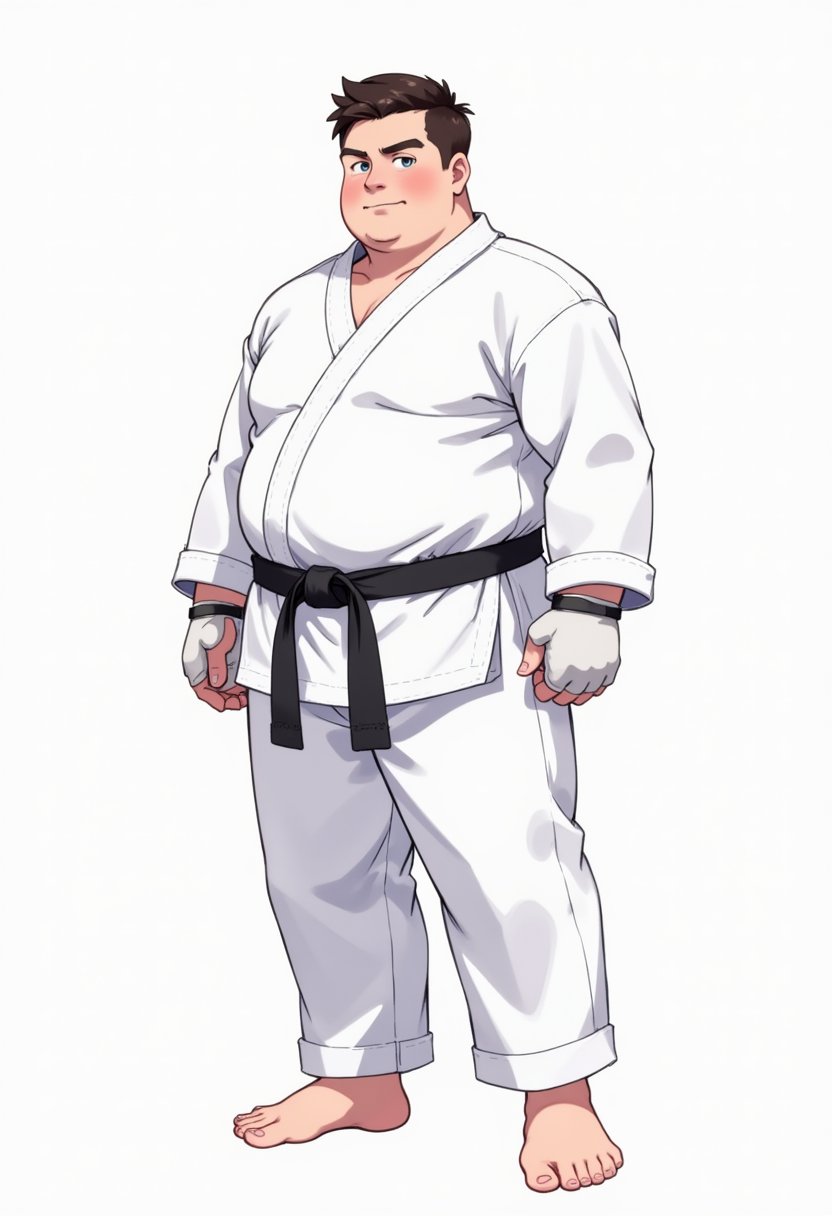 a plump boy in white karate outfit with black belt, he is bara stocky, wearing fingerless gloves, barefooted, his white pants is very long and loose, his hair is very short crew cut, Flat colour anime style image showing