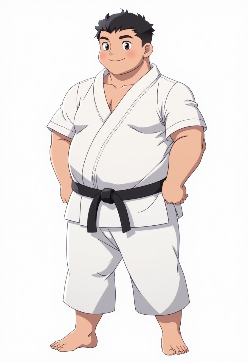 a plump boy in white karate outfit with black belt, he is stocky, wearing fingerless gloves, barefooted with toeless legwears, his white pants is very long and loose, his hair is very short crew cut, his face is round cute and handsome, best quality, Flat colour anime style image showing, ultra resolution,animefal