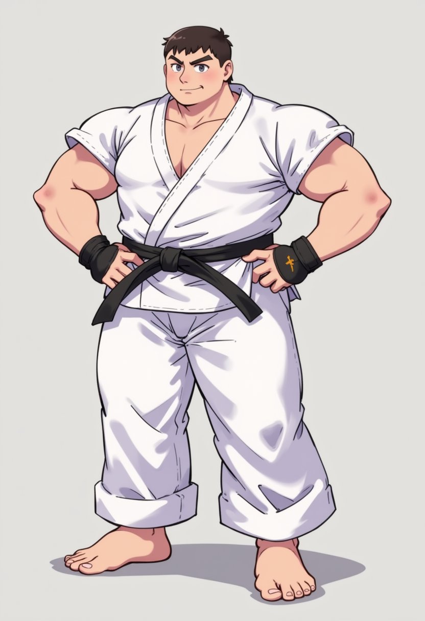 a stout buff boy in white karate outfit with black belt, he is getting punched in stomach, he is stocky, wearing fingerless gloves, barefooted with toeless legwears, his white pants is very long and loose, his hair is very short crew cut, his face is round cute and handsome, best quality, Flat colour anime style image showing, ultra resolution