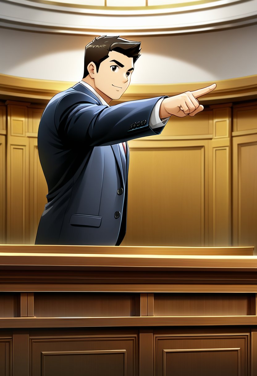 ((1male, solo, male focus, point out)), ((bara)), (chubby:1.0), stocky, lawyer, stand behind a desk, courtroom, (cool, awesome, crew cut), ((flat anime, best quality, best aesthetic, high res))