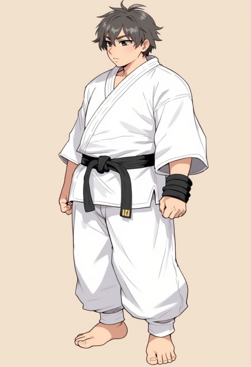 a stout boy in white karate outfit with black belt, he is stocky, wearing fingerless gloves, barefooted with toeless legwears, his white pants is very long and loose, his hair is very short crew cut, his face is round cute and handsome, best quality, Flat colour anime style image showing, ultra resolution,animefal