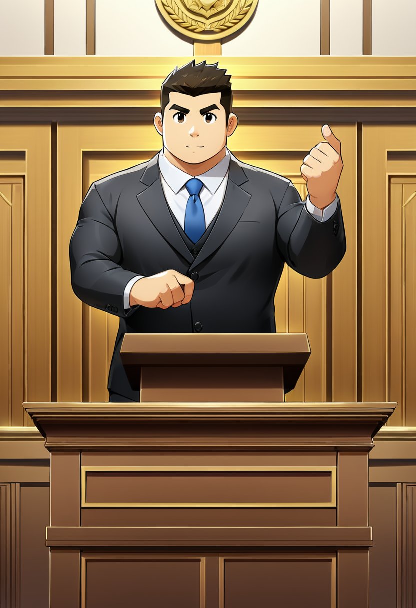 ((1male, solo, male focus, point out)), bara, chubby:1.1, stocky, lawyer, stand behind a podium, courtroom, (cool, awesome, crew cut), ((flat anime, best quality, best aesthetic, high res))