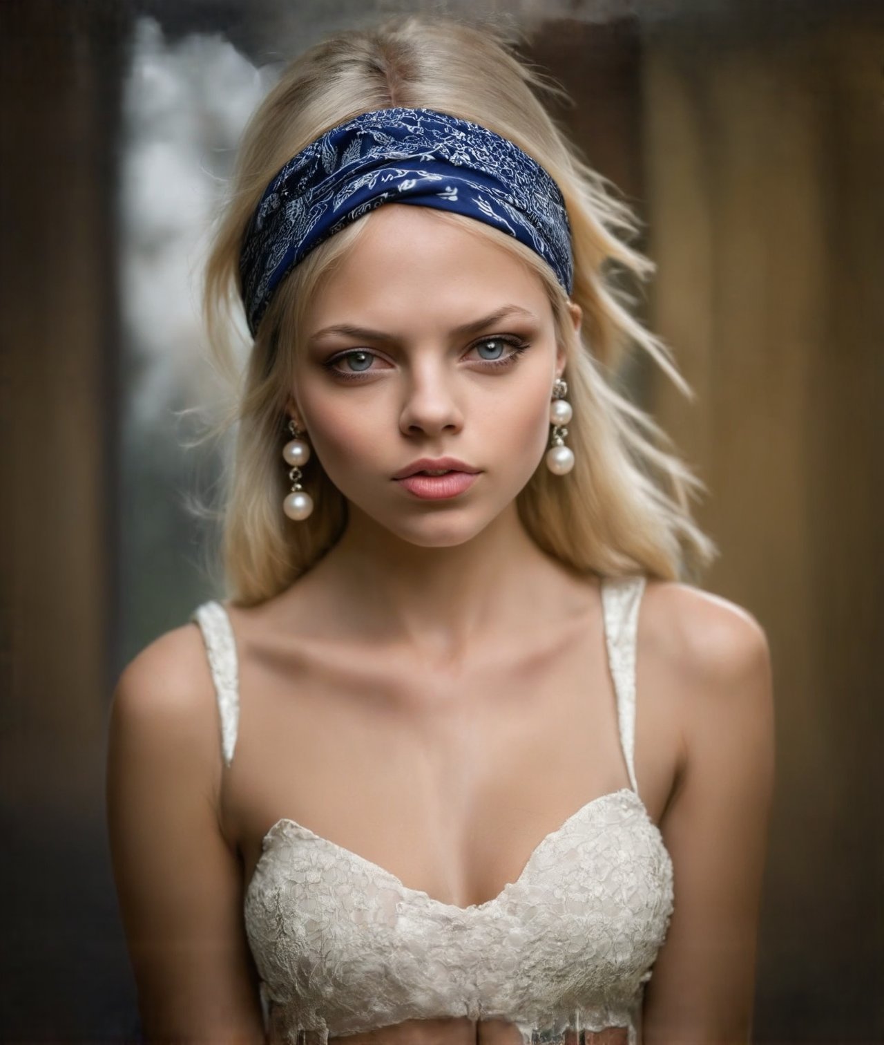 1girl, solo, looking at viewer, jewelry, upper body, pearl earring, intense eyes, parted lips, headband, traditional media, realistic, bandana, painting \(medium\) looking anxious 