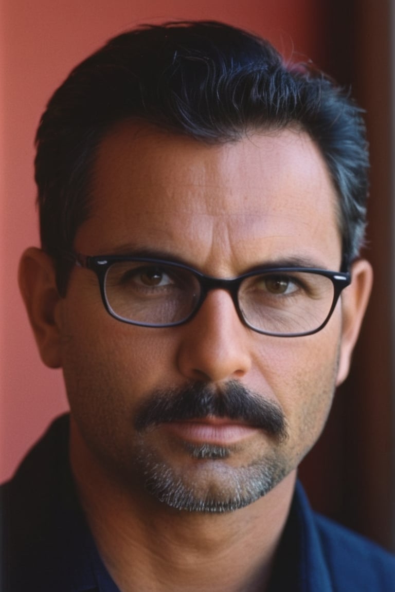 Steve McCurry's iconic portrait: Close-up shot of a middle-aged white European man,  gazing directly into the camera lens....