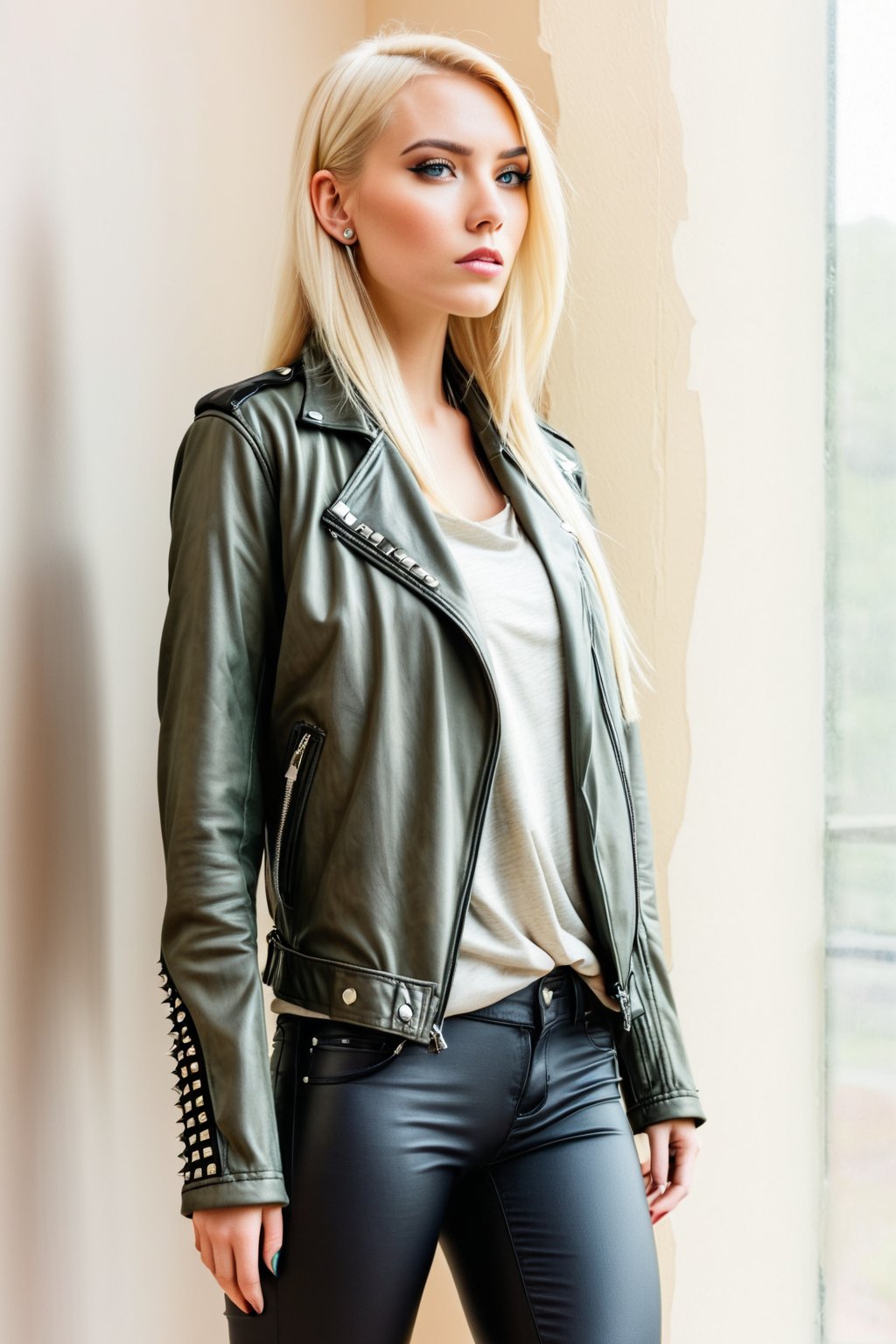 Prompt: a woman with long, straight blonde hair stands in front of a window, her face turned slightly to the left. She is wearing a black leather jacket, adorned with a camo-style jacket adorned with silver studs. Her jacket is draped over her left shoulder, adding a touch of contrast to her outfit. The backdrop is a cream-colored wall, providing a stark contrast to the woman's outfit. She looks disturbed by something seen.