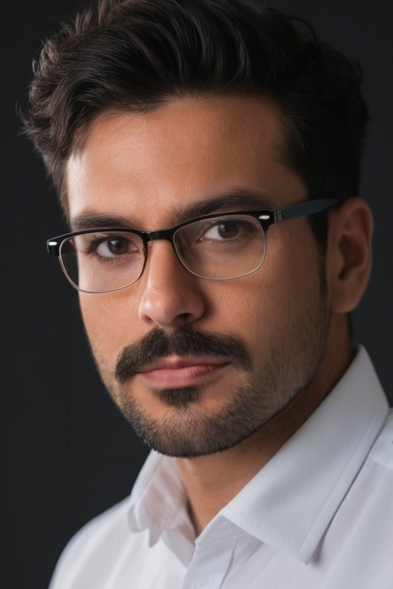 Close-up portrait of a single man with piercing black eyes and a subtle mustache. He's dressed in a crisp collared shirt w...