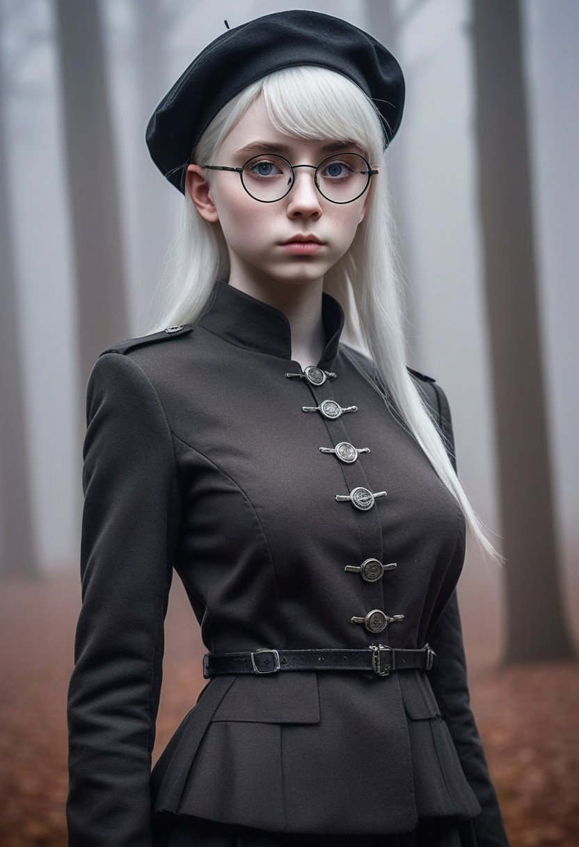 A stern-faced (elf girl:1.3), 16yo, stands formally, her pale skin a canvas for the wispy freckles that dance across her features. Her platinum blonde hair falls in straight, silky strands down her back, framing her sharp jawline and piercing grey eyes, which narrow into a scowl. A sleek black military school jacket with high collar and chin strap is cinched at her waist, showing cleavage, complemented by a black beret perched atop her head. Circle glasses with thin frames perch on the end of her nose, lending an air of intelligent intensity to her countenance. Her bangs are trimmed close to her eyebrows, adding to her overall sense of formality and discipline. The fantasy setting is marked by subtle hints of mysticism in the misty background, where ancient trees and mysterious orbs seem to whisper secrets to the wind.