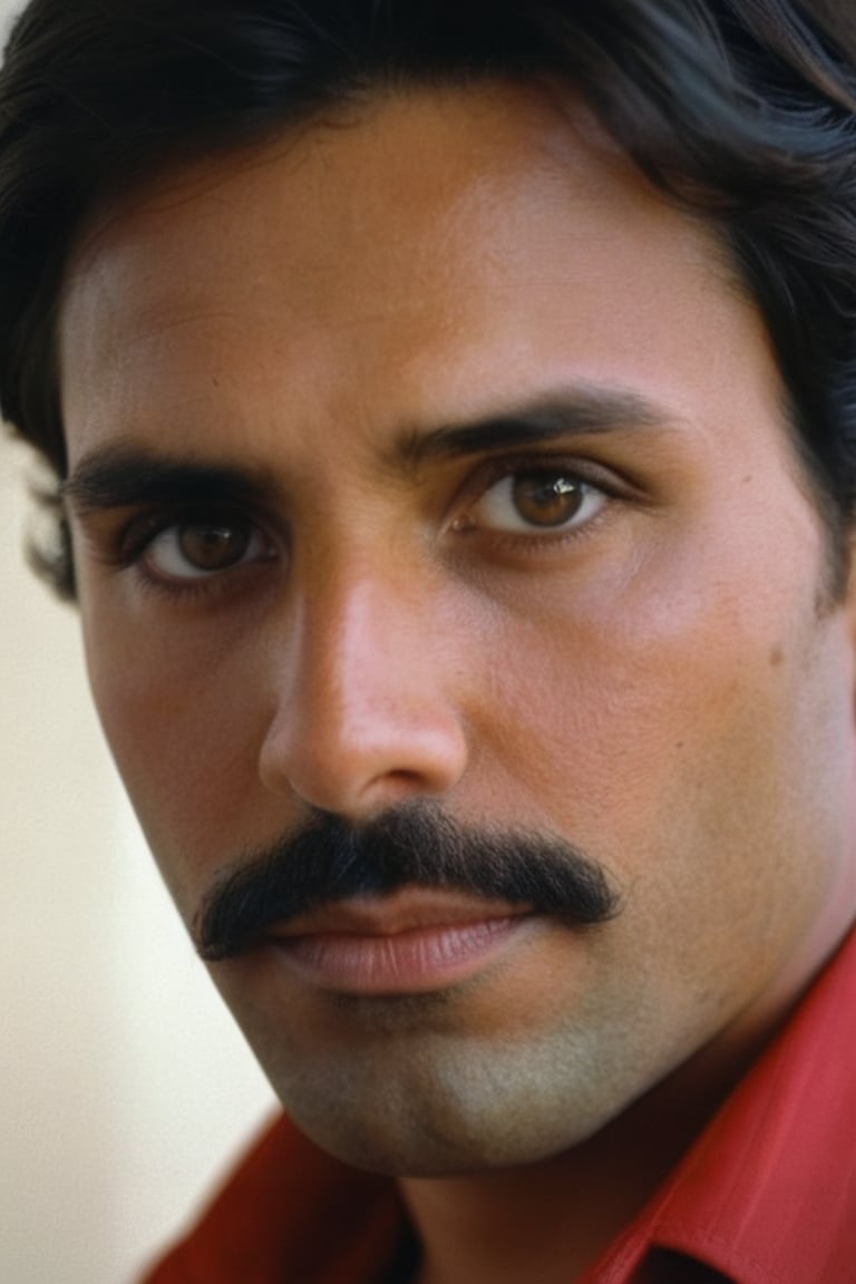 Close-up portrait of a single man with piercing black eyes and a subtle mustache. He's dressed in a crisp collared shirt w...