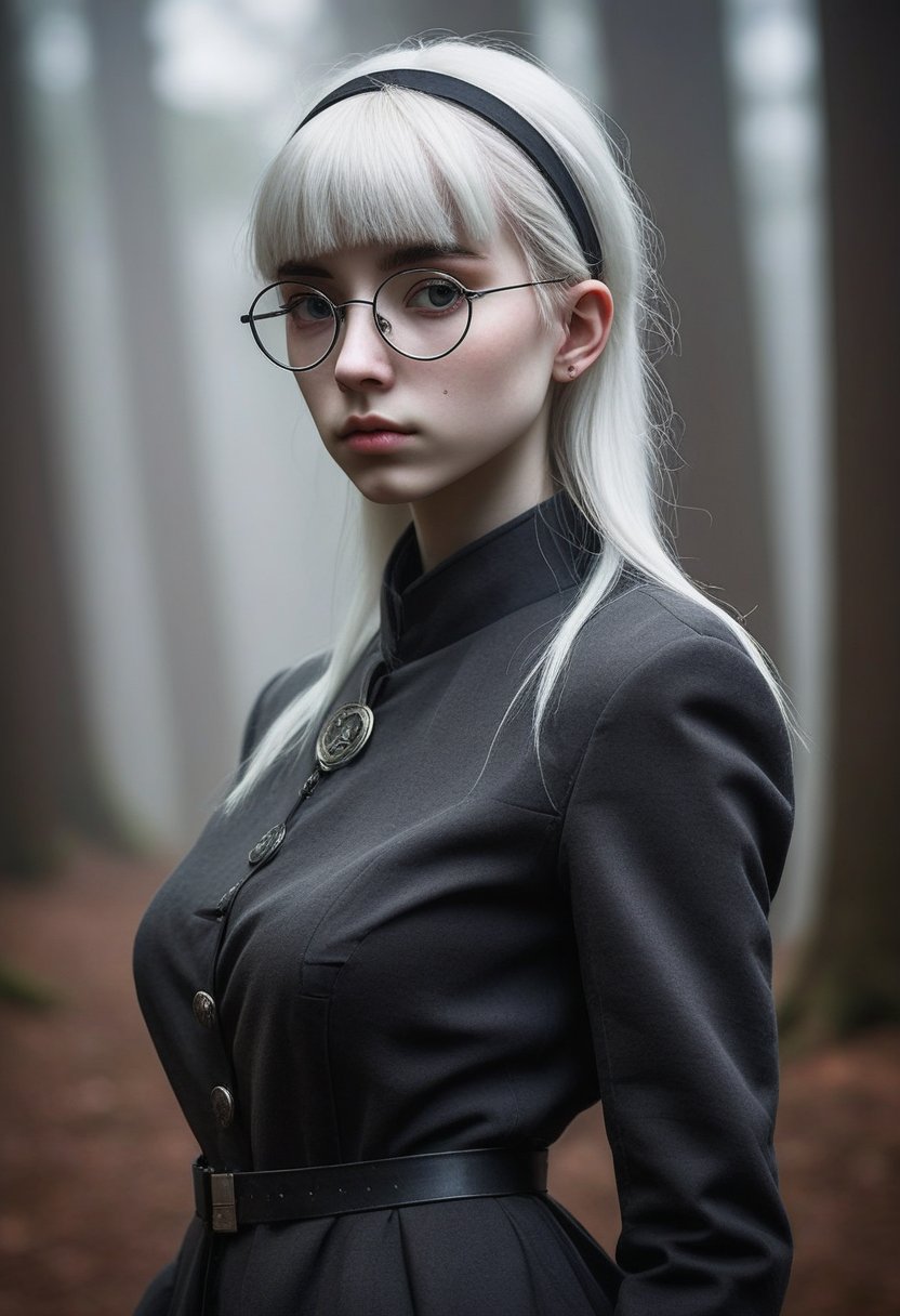 A stern-faced (elf girl:1.3), 16yo, stands formally, her pale skin a canvas for the wispy freckles that dance across her features. Her platinum blonde hair falls in straight, silky strands down her back, framing her sharp jawline and piercing grey eyes, which narrow into a scowl. A sleek black military school jacket with high collar and chin strap is cinched at her waist, showing cleavage, complemented by a black beret perched atop her head. Circle glasses with thin frames perch on the end of her nose, lending an air of intelligent intensity to her countenance. Her bangs are trimmed close to her eyebrows, adding to her overall sense of formality and discipline. The fantasy setting is marked by subtle hints of mysticism in the misty background, where ancient trees and mysterious orbs seem to whisper secrets to the wind.