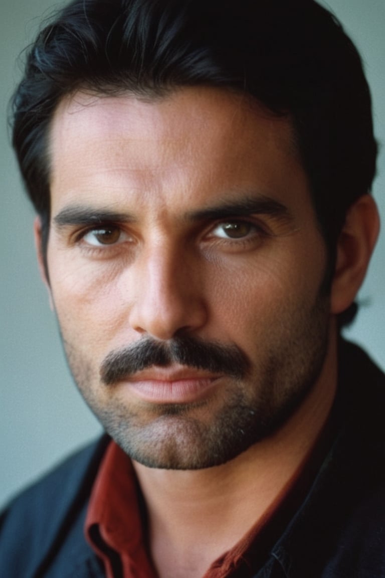 Steve McCurry's iconic portrait: Close-up shot of a middle-aged white European man,  gazing directly into the camera lens....