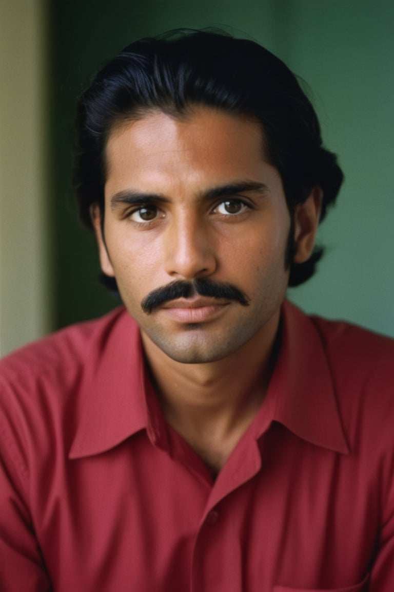 Close-up portrait of a single man with piercing black eyes and a subtle mustache. He's dressed in a crisp collared shirt w...