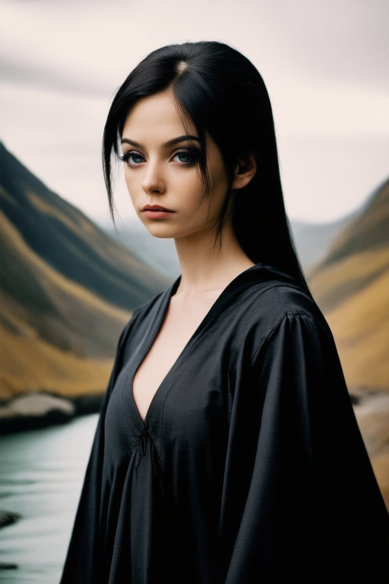 1girl, solo, looking at viewer, profile, upper body, long dark hair parted in the Middle, shaved eyebrows, wearing a dark dress and robes, background of a river valley, muted colors, (based on Mona Lisa by Leonardo:0.5)